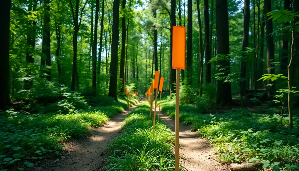 Balisage coloré d'un parcours de trail en forêt avec fanions orange et jaune