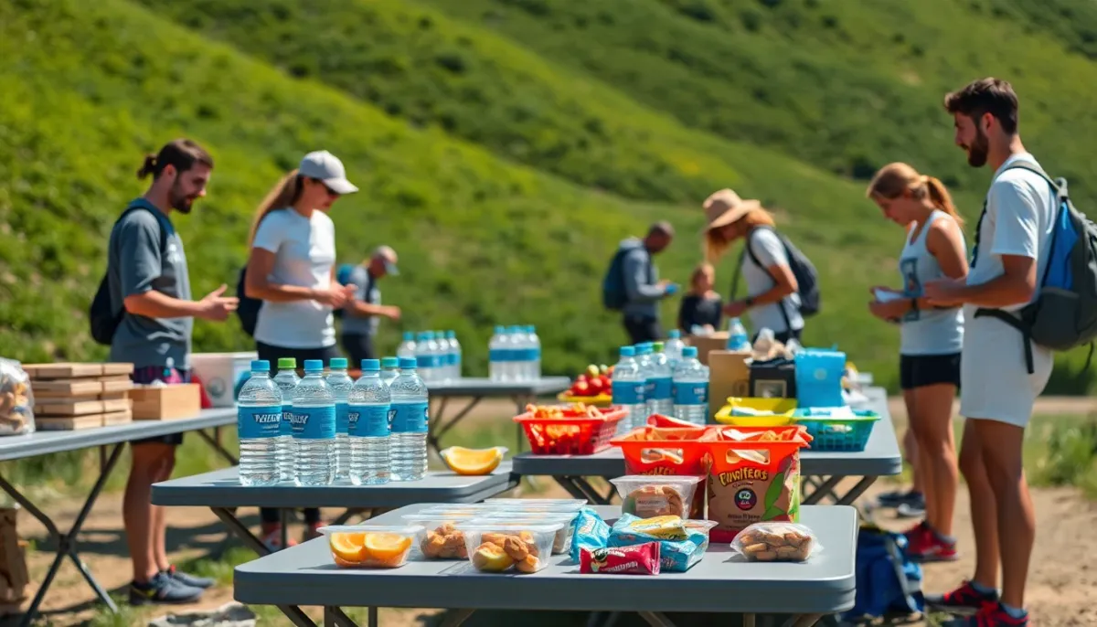 Stand de ravitaillement d'un trail avec bénévoles préparant eau et collations en plein air