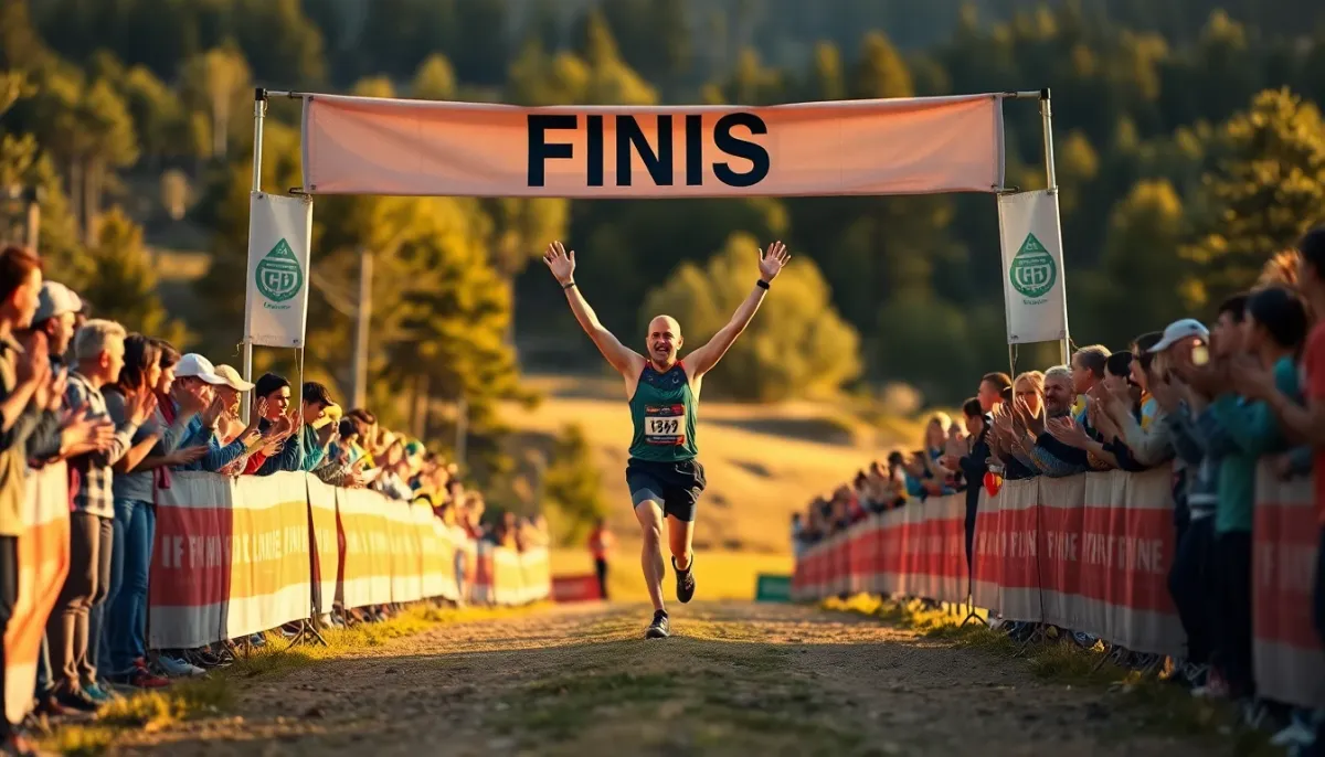 Coureur franchissant la ligne d'arrivée d'un trail sous les acclamations du public