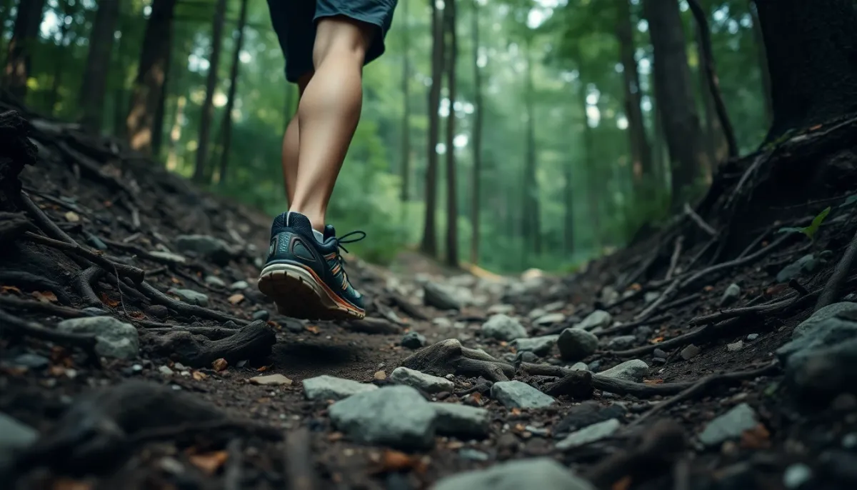 Coureur de trail franchissant des racines et rochers sur un sentier forestier, illustrant la technique de pose de pied en trail