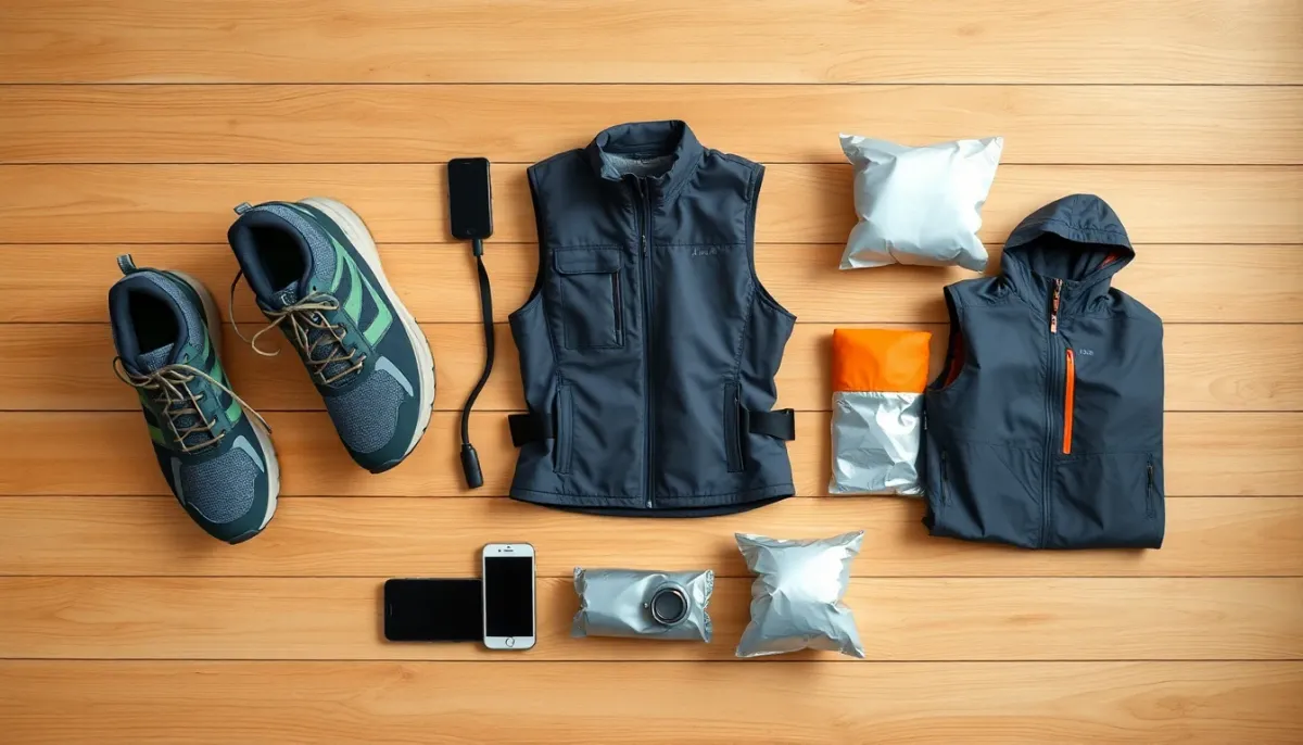 Équipement essentiel du trail running : chaussures crantées, gilet d'hydratation, coupe-vent et kit de sécurité vus de dessus