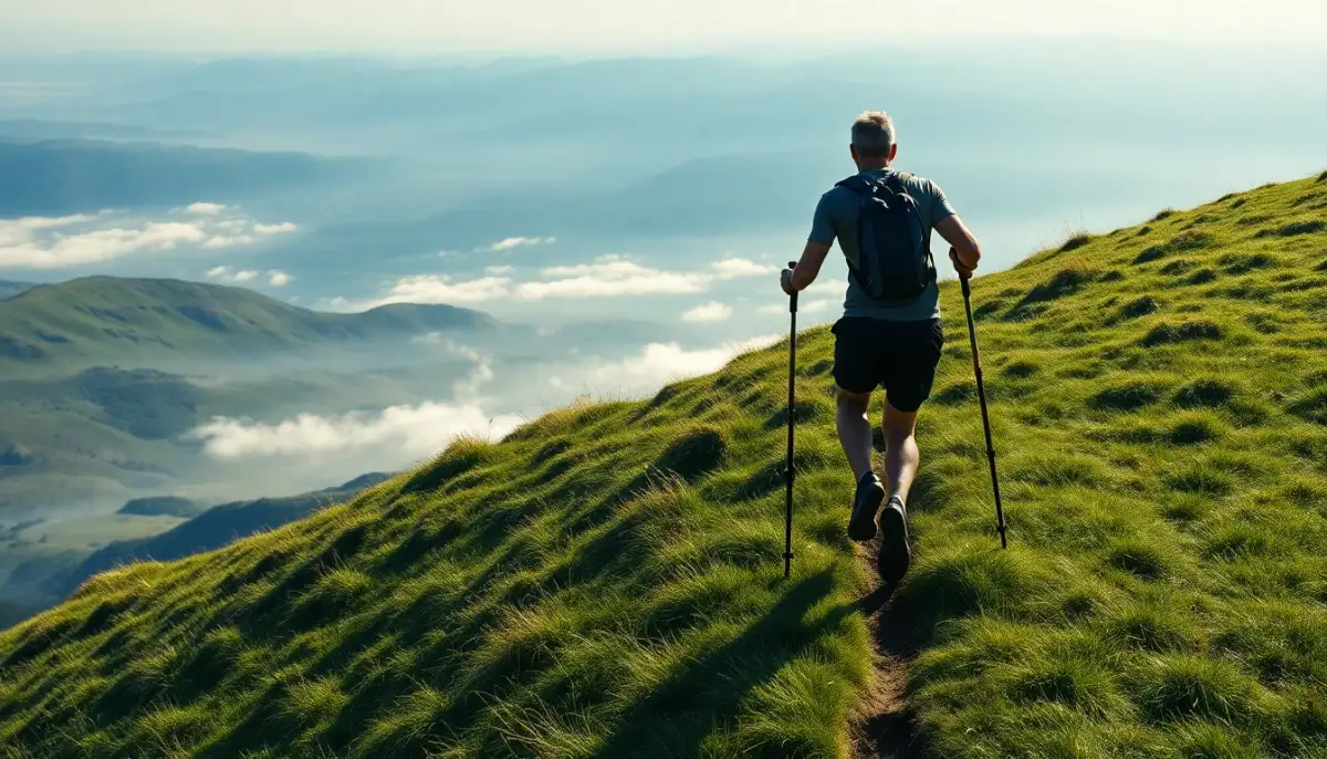 Coureur de trail en marche rapide dans une montée raide avec bâtons, technique de transition course-marche en trail