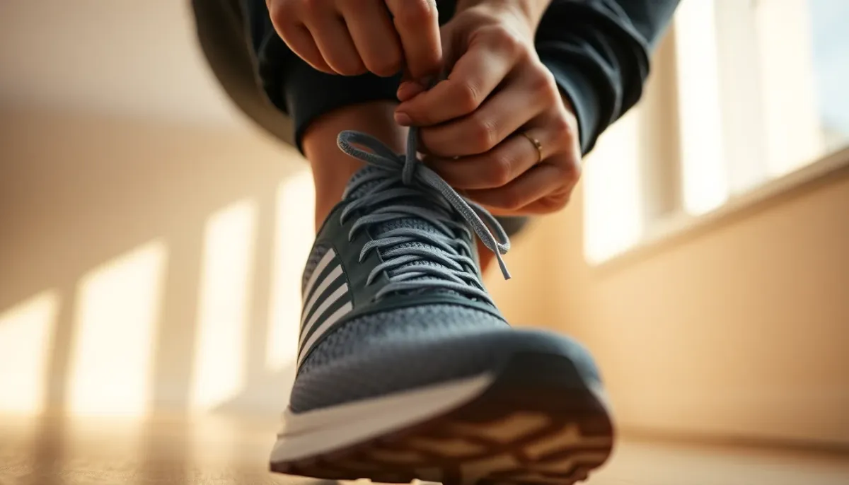 Mains ajustant le laçage d'une chaussure de running pour éviter la compression des tendons extenseurs