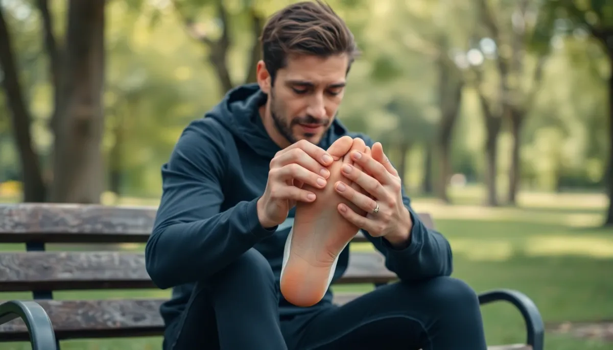 Coureur assis examinant le dessus de son pied après une douleur survenue pendant l'entraînement