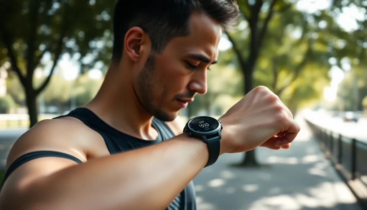 Coureur consultant sa montre GPS pour vérifier son allure pendant un entraînement