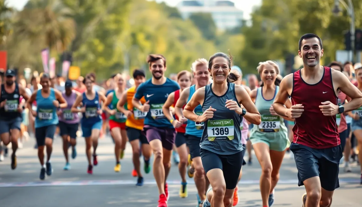 Groupe de coureurs de tous niveaux franchissant la ligne d'arrivée d'un semi-marathon