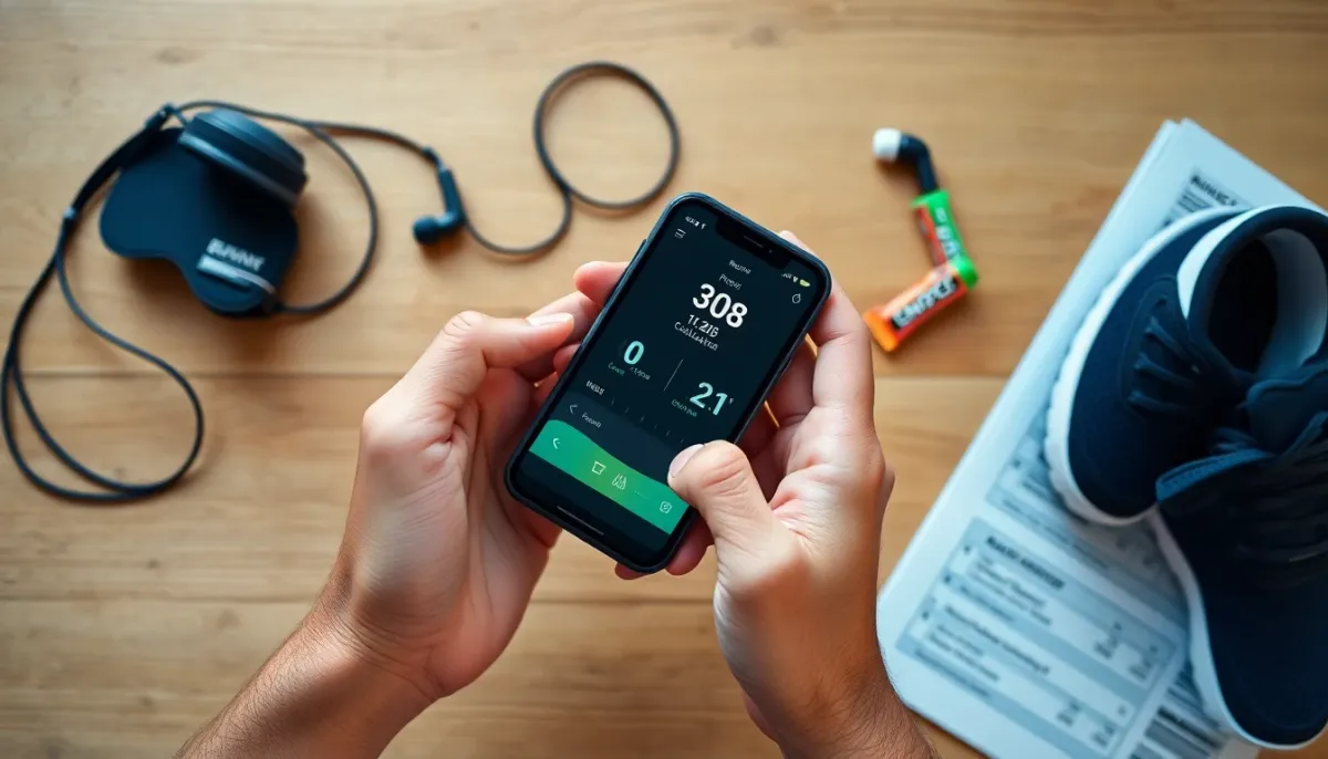 Mains de coureur tenant un smartphone avec une application de calcul d'allure pour semi-marathon