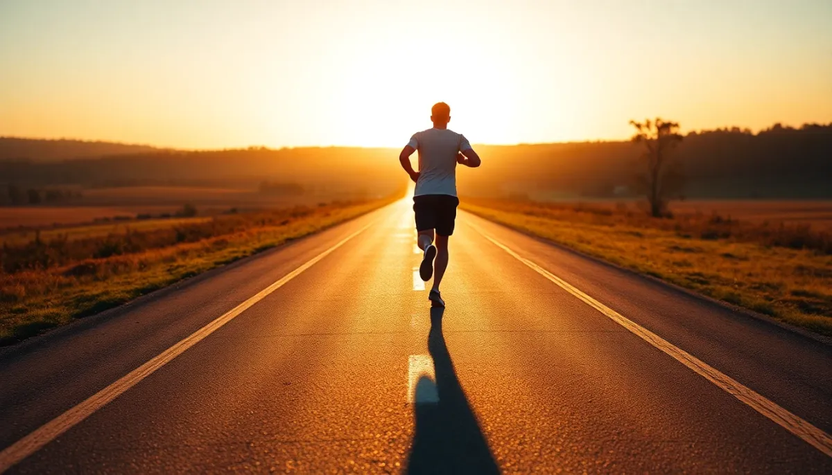 Coureur solitaire sur une route droite à l'heure dorée, symbolisant la préparation et la détermination pour le semi-marathon