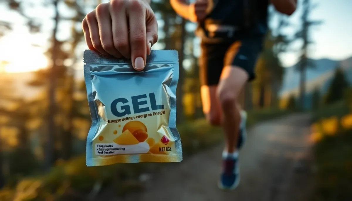 Gros plan sur la main d'un coureur de trail tenant un gel énergétique pendant l'effort en montagne