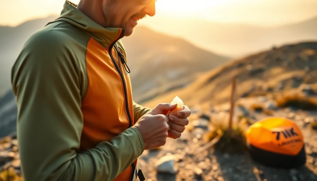Coureur d'ultra-trail consommant une compote de fruits lors d'une pause ravitaillement en montagne