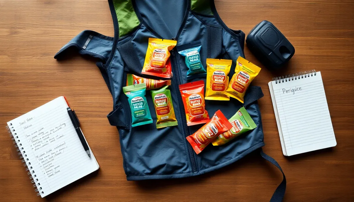 Préparation de la stratégie nutritionnelle pour un trail avec des gels et des compotes organisés dans les poches d'une veste de running
