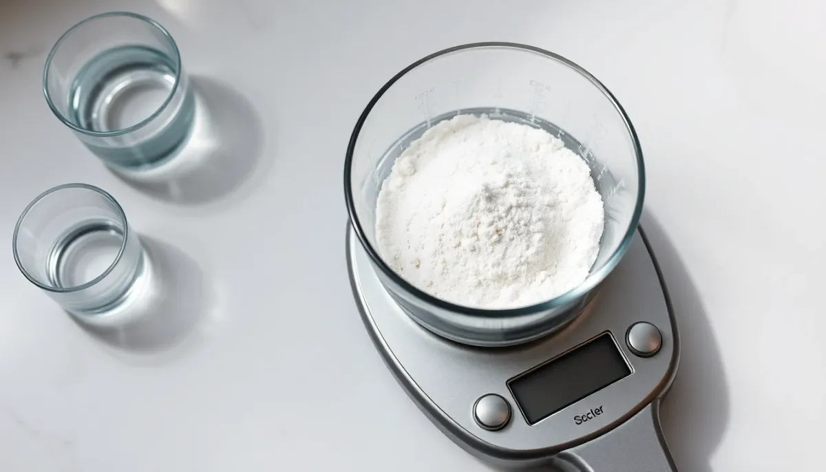 Poudre blanche de maltodextrine pesée sur une balance de précision avec un verre d'eau, illustrant le dosage et le choix du Dextrose Équivalent