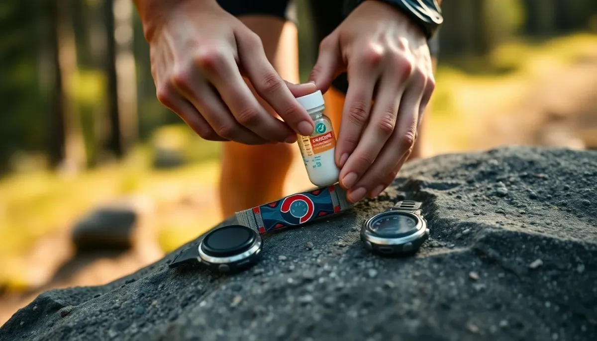 Mains d'un coureur préparant une boisson maltodextrine sur le parcours, avec gel énergétique et montre de sport, illustrant la stratégie nutritionnelle pendant le marathon