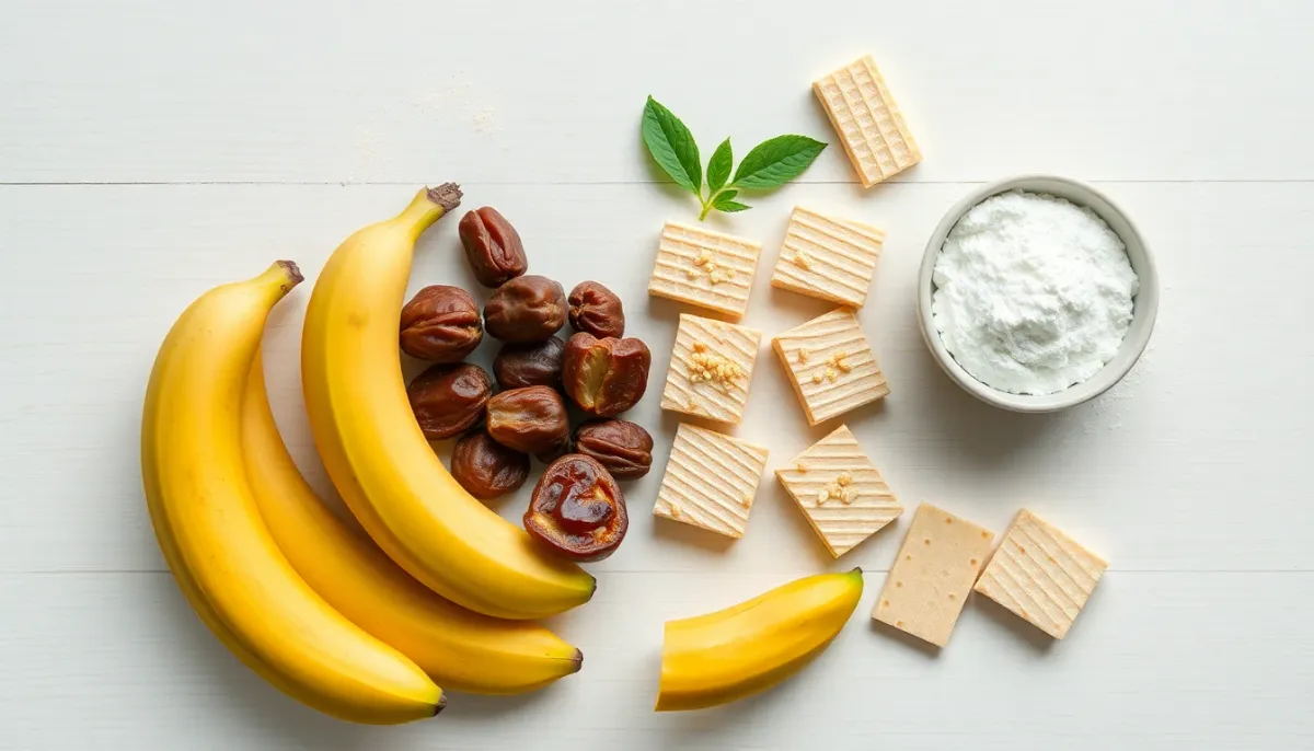 Comparaison visuelle entre glucides naturels comme bananes et dattes et poudre de maltodextrine, illustrant les alternatives nutritionnelles pour le marathon