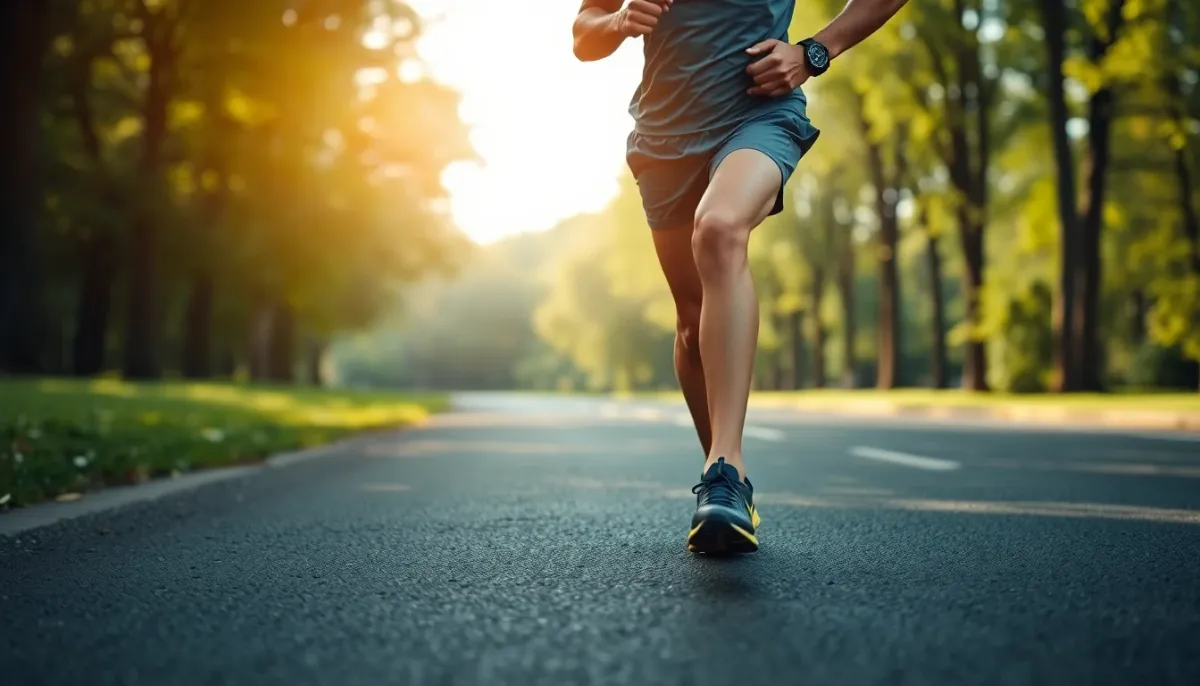 Coureur en entraînement sur route asphaltée dans un parc, vue de face en contre-plongée, lumière matinale
