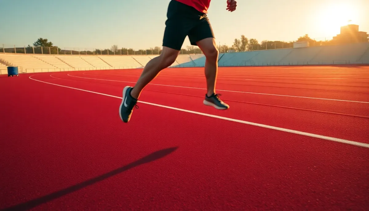 Athlète réalisant des fractionnés sur une piste d'athlétisme en lumière dorée de fin d'après-midi