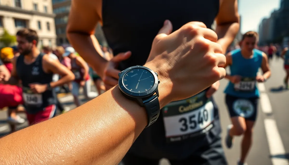 Coureur consultant sa montre GPS pendant un marathon en milieu urbain pour contrôler son allure