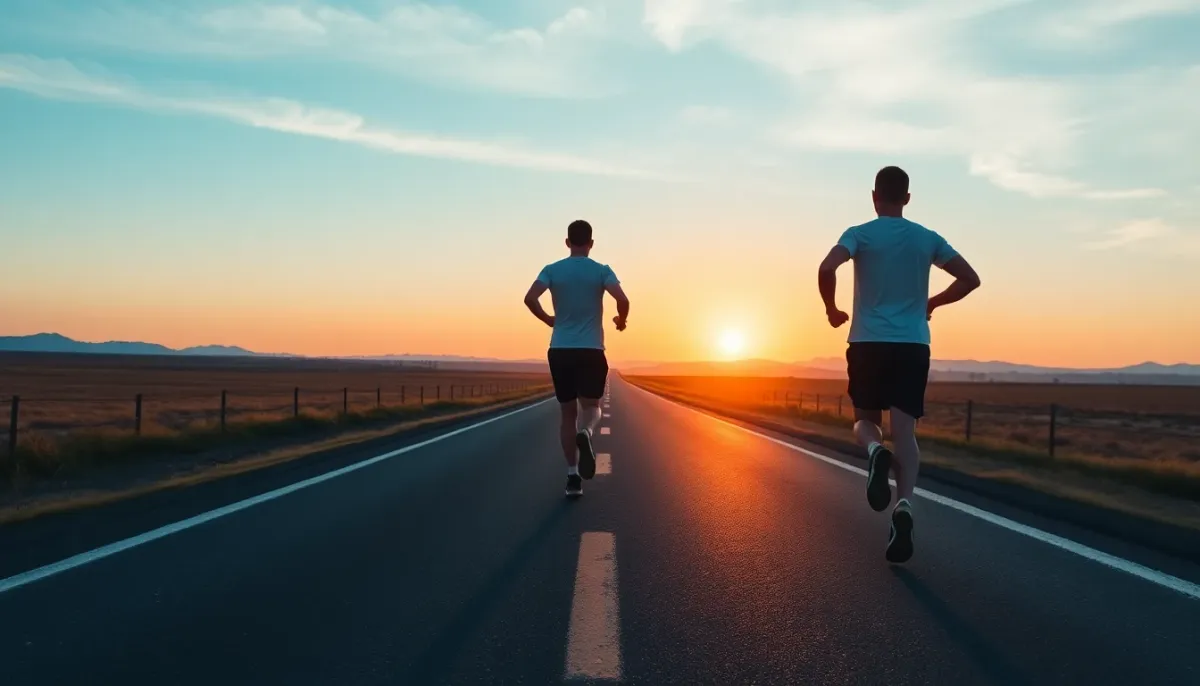 Deux coureurs côte à côte sur une route droite à l'aube, vue de dos en plan large, ciel de lever de soleil
