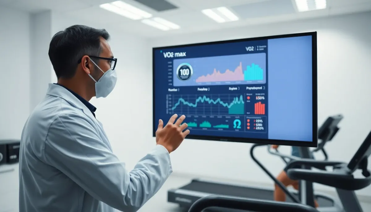Physiologiste du sport analysant des données de VO2 max dans un laboratoire de haute performance, avec un athlète en test d'effort en arrière-plan
