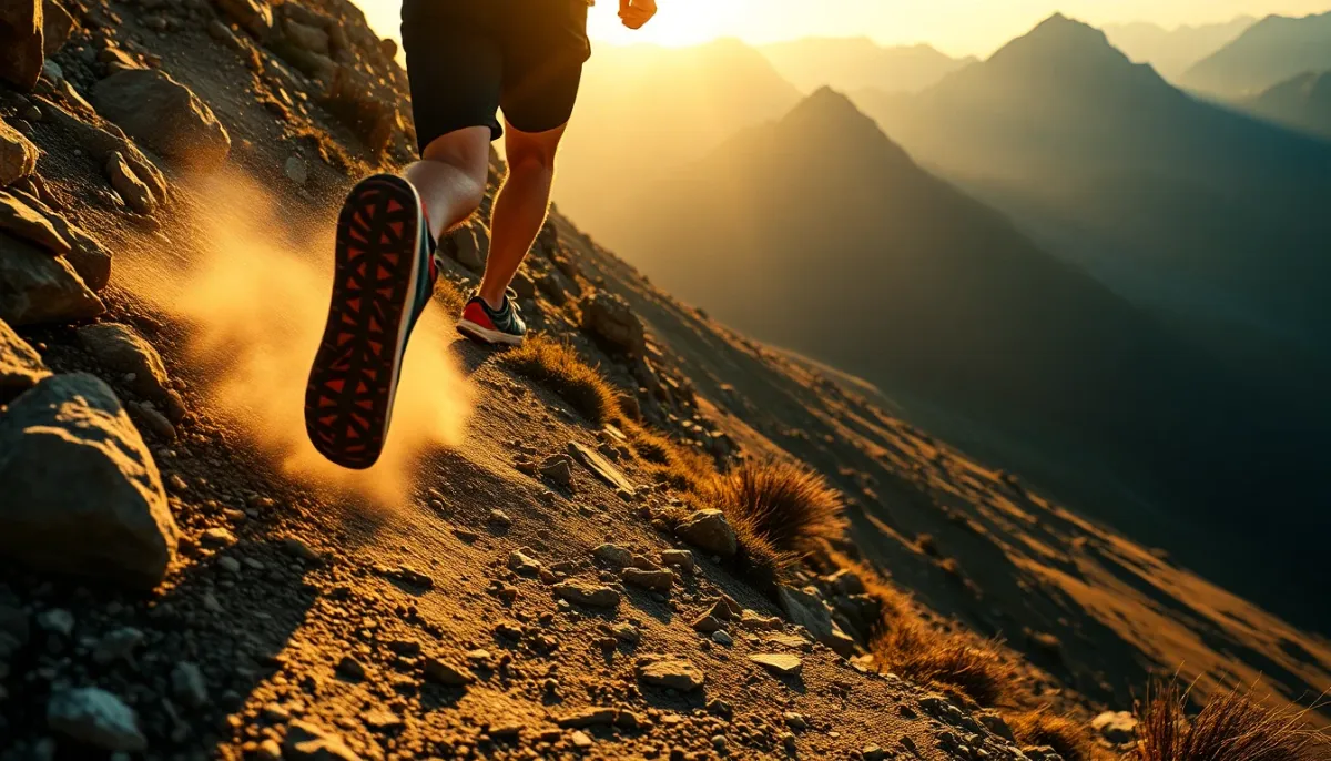 Coureur de trail élite en pleine descente technique sur un sentier alpin, illustrant la puissance aérobie et musculaire nécessaire en ultra-trail