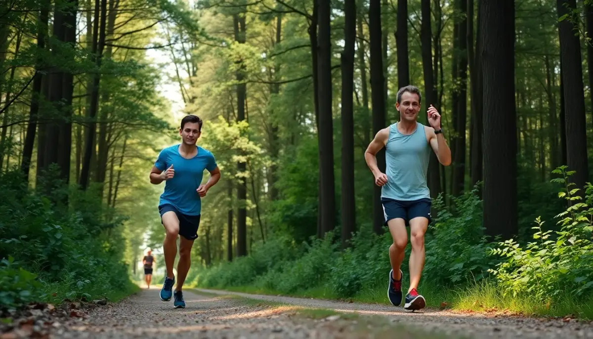 Trois coureurs de niveaux différents sur un sentier forestier, illustrant l'écart de capacité aérobie entre un sédentaire, un amateur et un athlète élite