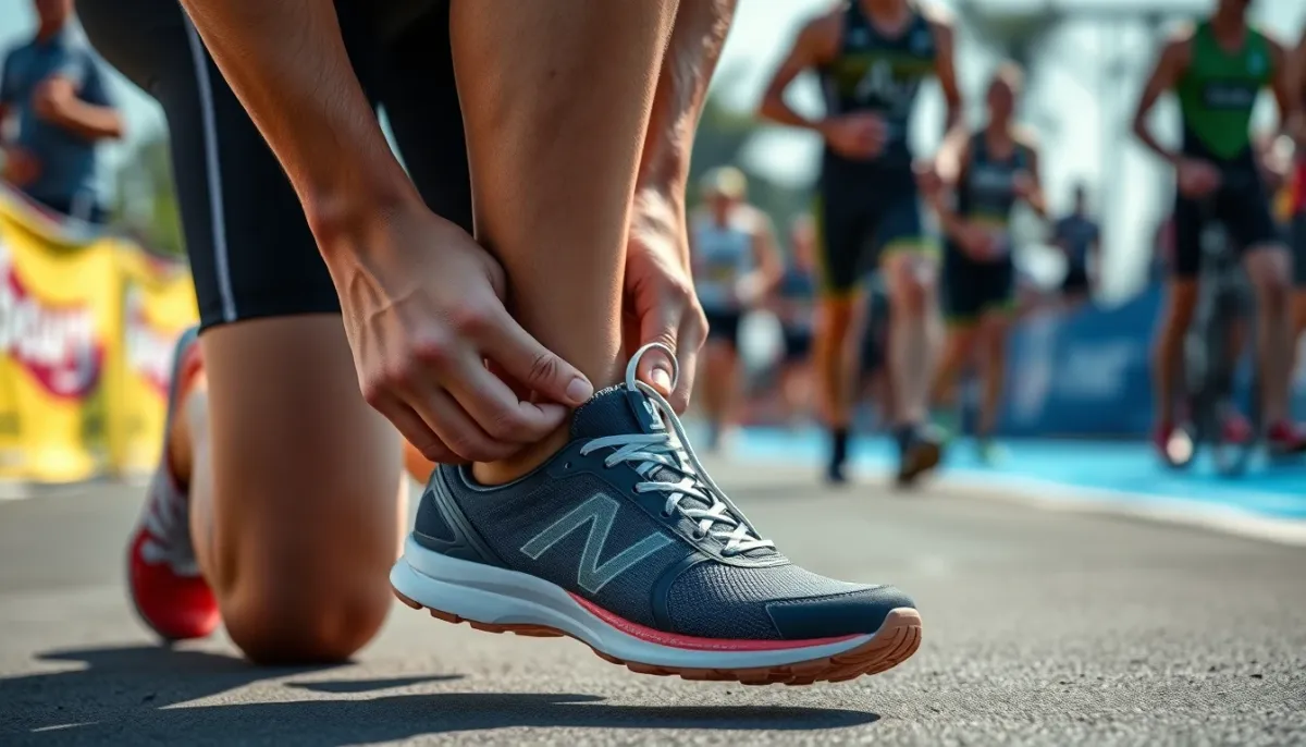Triathlète en train d'enfiler ses chaussures de course rapidement en zone de transition T2, illustrant les techniques d'optimisation des transitions