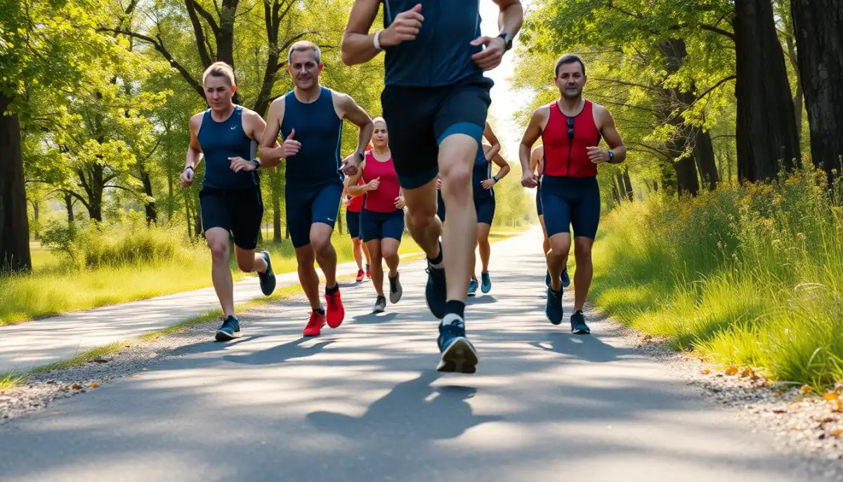 Groupe de triathlètes expérimentés courant ensemble, montrant différentes approches du port de chaussettes en compétition de triathlon