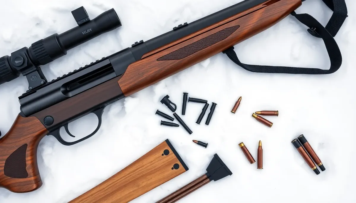 Équipement du biathlon avec skis, carabine et accessoires sur fond enneigé