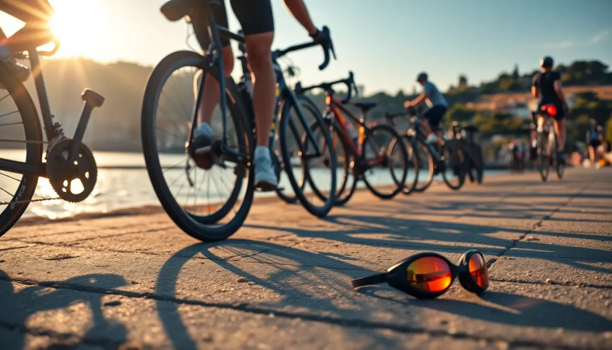 Zone de transition en triathlon avec vélos, chaussures de course et équipement de natation
