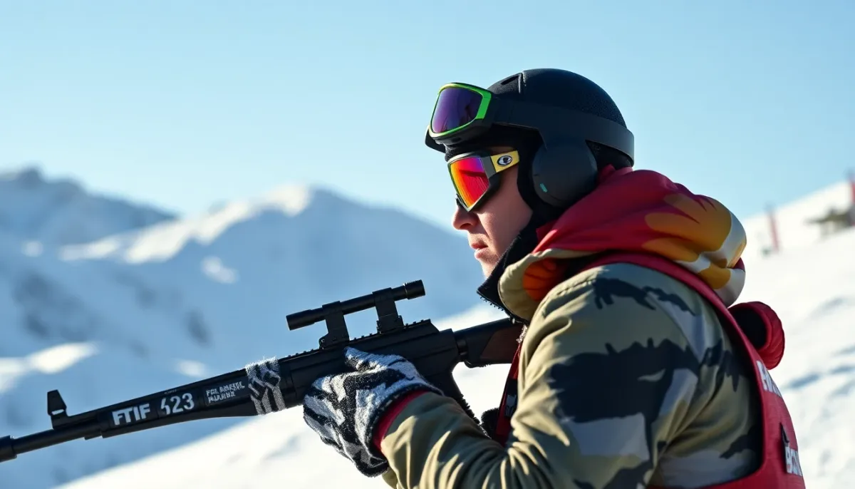 Athlète en biathlon en action sur pente enneigée de montagne