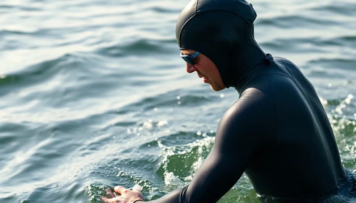 Athlète en combinaison de triathlon pendant une transition rapide en eau