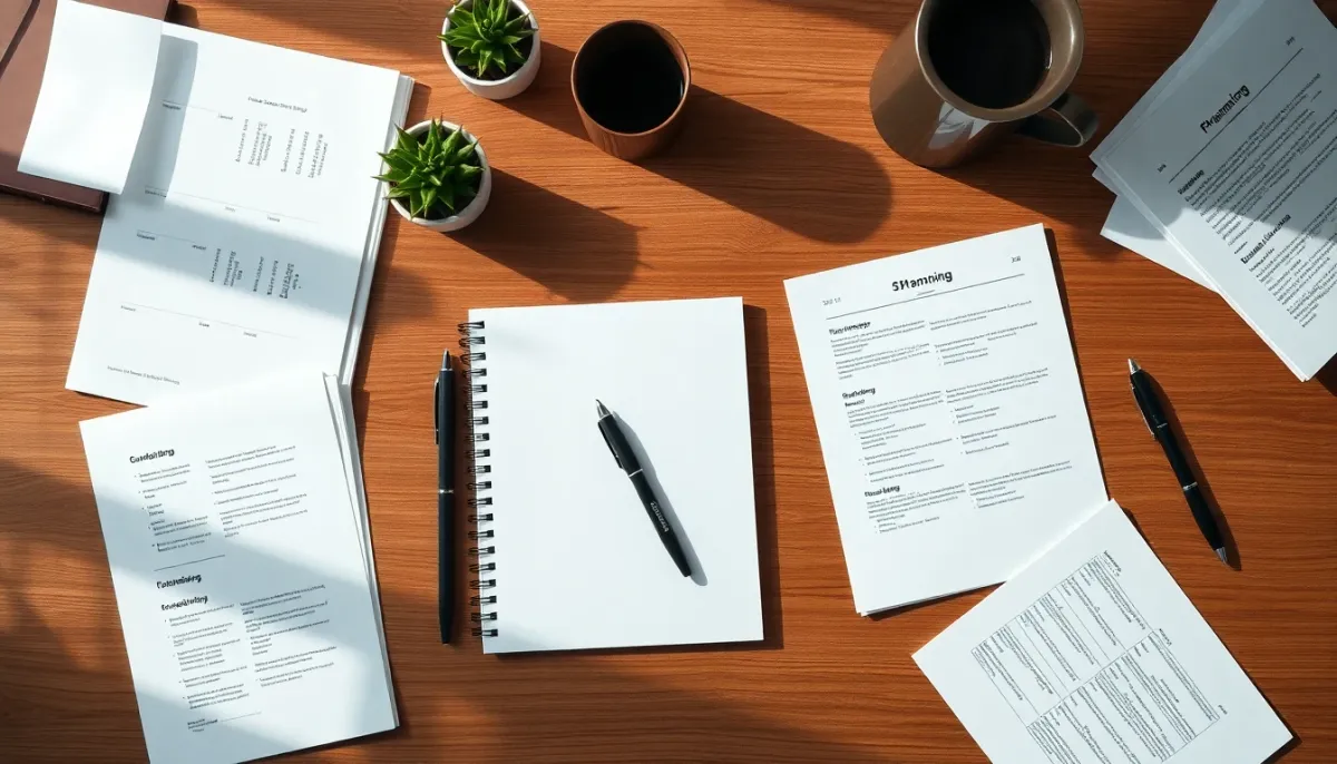 Vue de dessus d'un espace de travail avec carnet et documents de planification pour un projet associatif