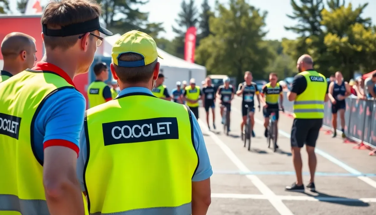 Équipe d'arbitres de triathlon coordonnant ensemble lors d'une épreuve régionale