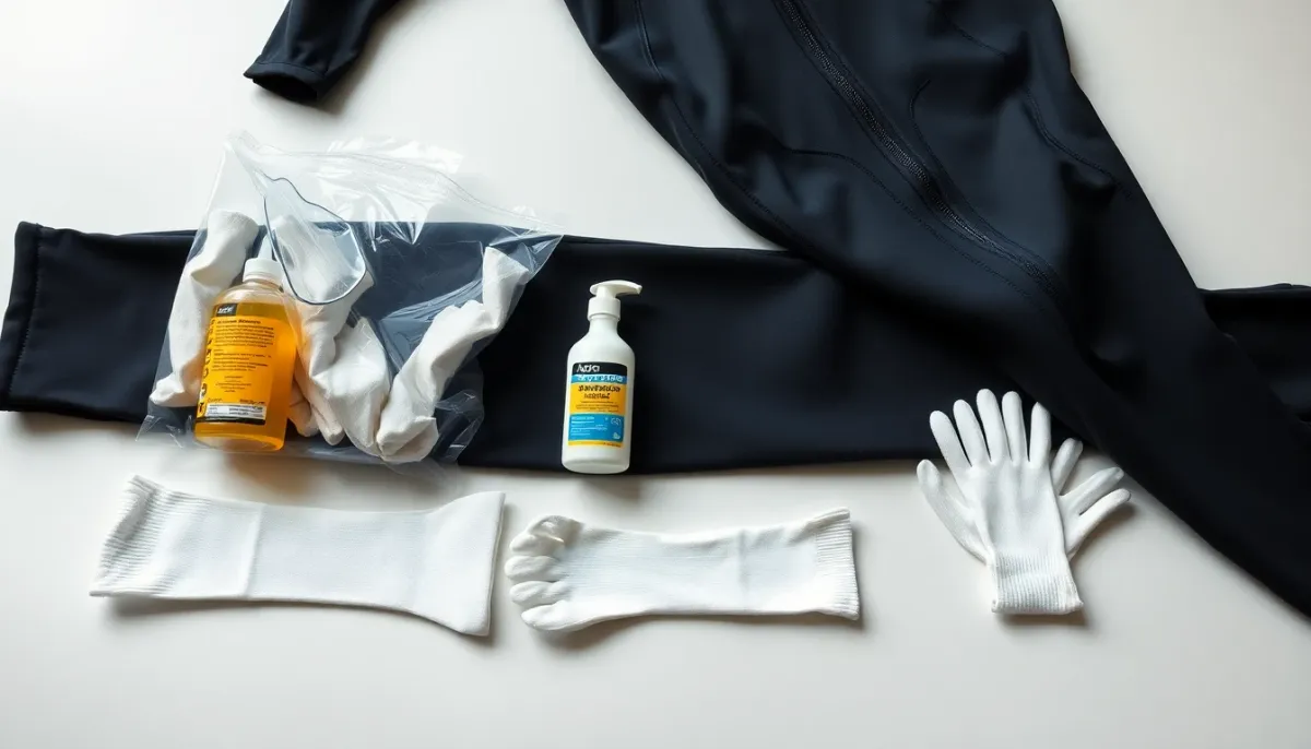Matériel de préparation pour enfiler une combinaison : sacs plastiques, chaussettes fines et lubrifiant