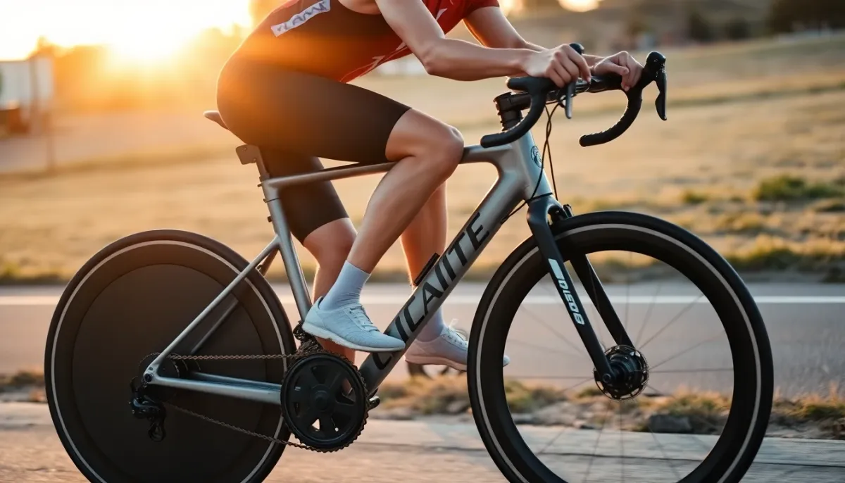 Cycliste en position aérodynamique sur prolongateurs de triathlon, vue de profil montrant l'angle optimal