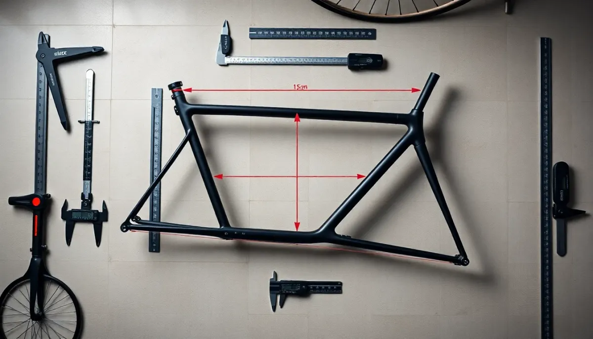 Vue de dessus d'un équipement de bike fitting avec outils de mesure et cadre de vélo
