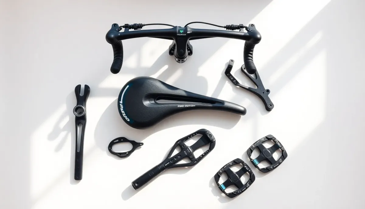Composants de vélo de triathlon disposés montrant les pièces aérodynamiques clés