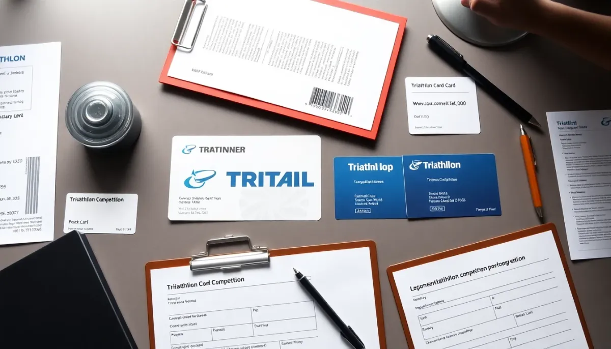 Documents de licence et cartes de compétition triathlon disposés sur un bureau