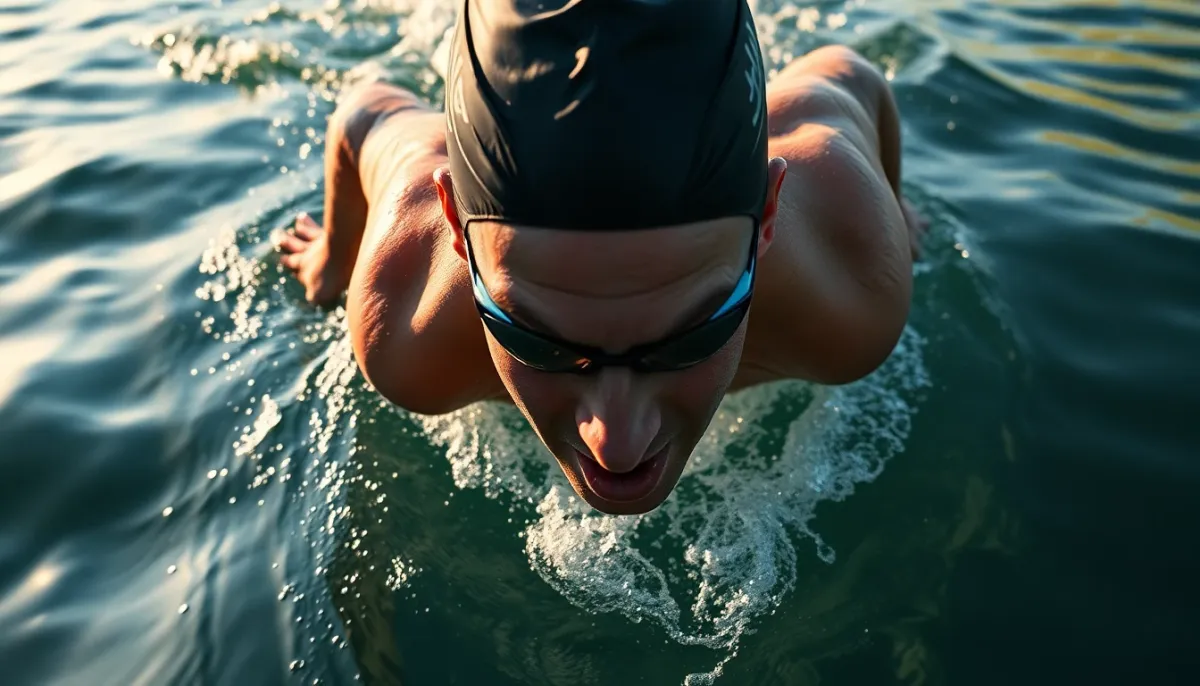 Athlète plongeant dans l'eau pour la phase de natation du triathlon en relais