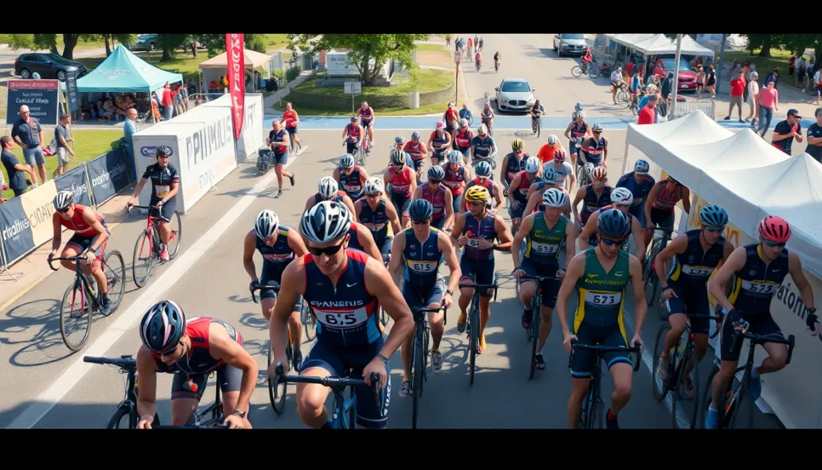 Zone de transition du triathlon en relais avec échange de puce chronométrique entre athlètes