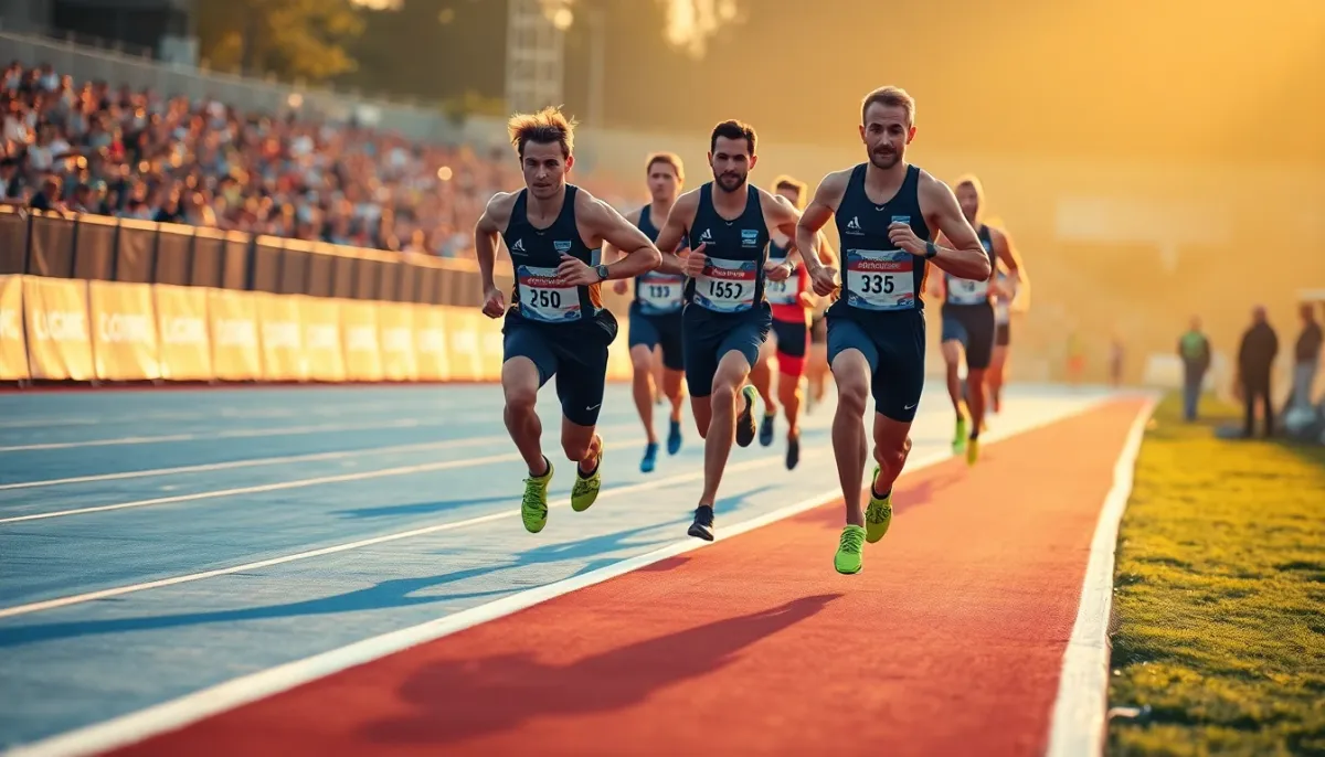 Athlètes en course à pied lors de la dernière étape du relais de triathlon
