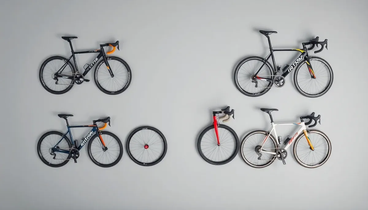 Vue de dessus comparant quatre types de vélos de triathlon alignés par distance croissante, du Sprint à l'Ironman