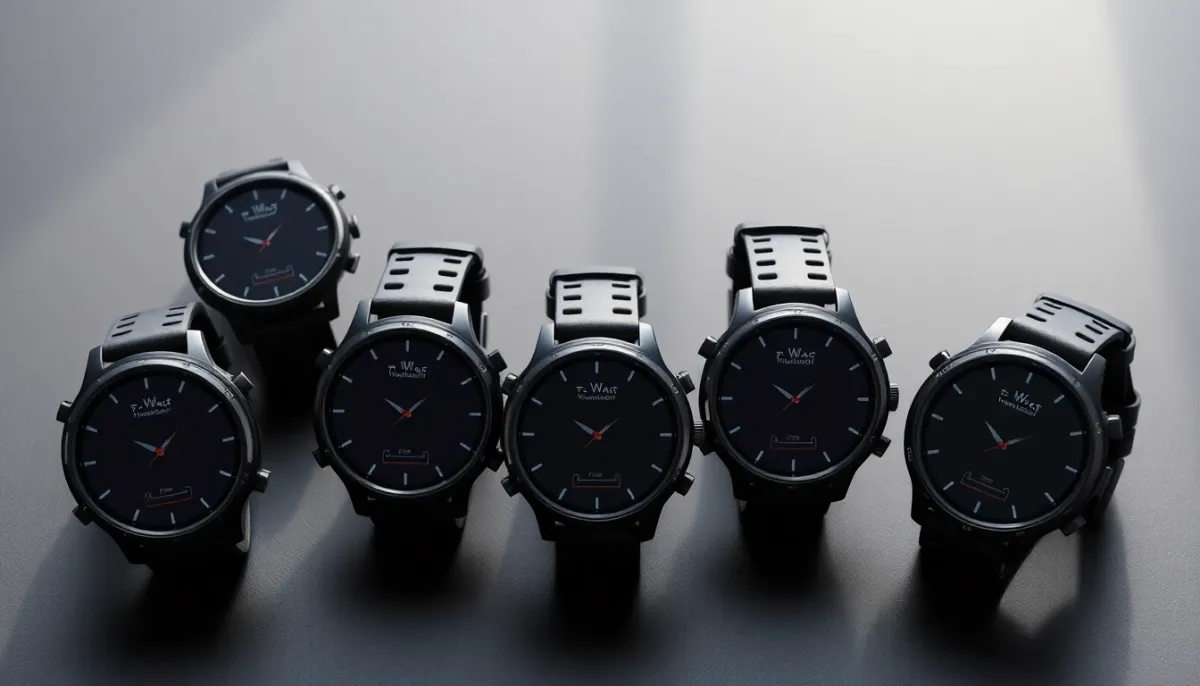 Comparaison visuelle des cinq meilleures montres triathlon 2026 alignées sur une surface