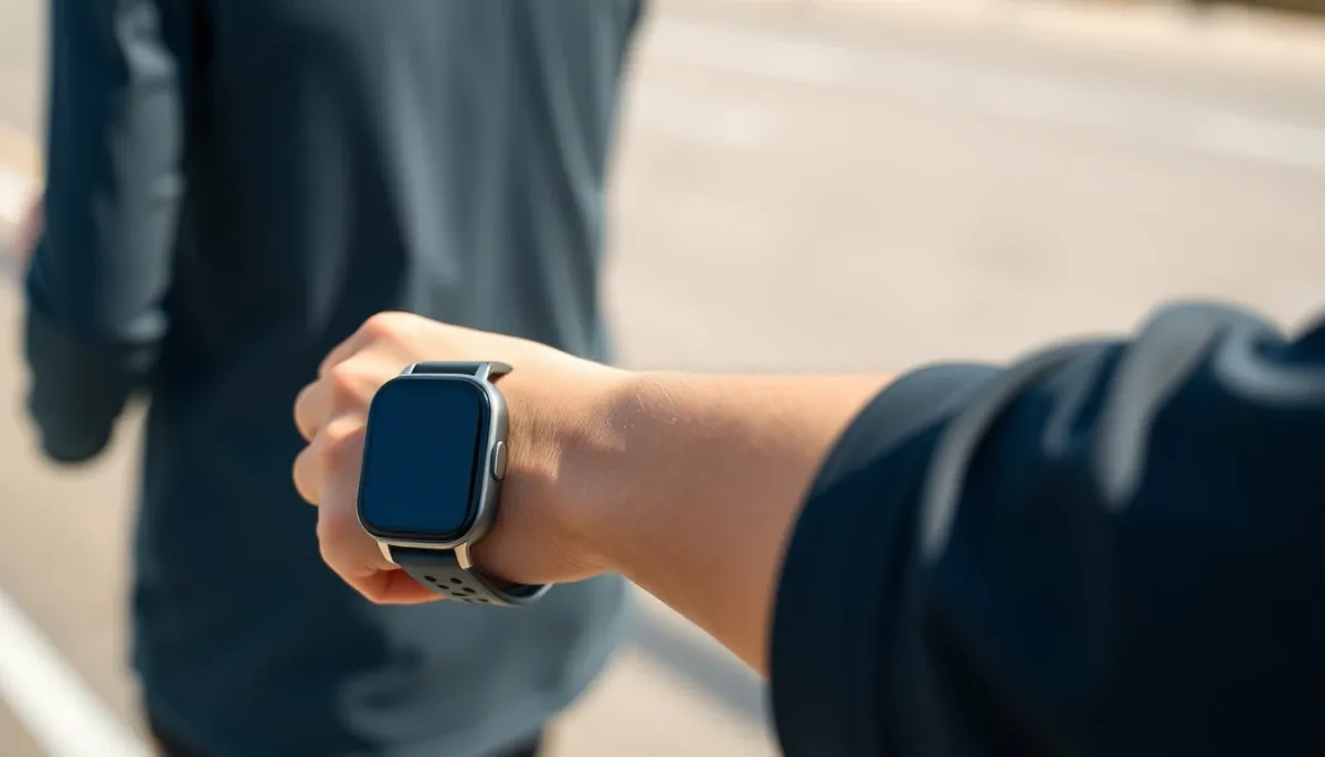 Montre triathlon légère au poignet d'un athlète en train de courir en extérieur