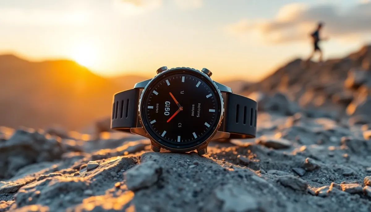 Montre triathlon premium avec grand écran AMOLED affichée en environnement outdoor robuste