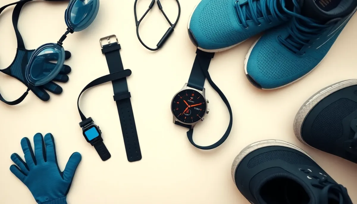 Montre triathlon entourée d'accessoires d'entraînement essentiels pour les trois disciplines