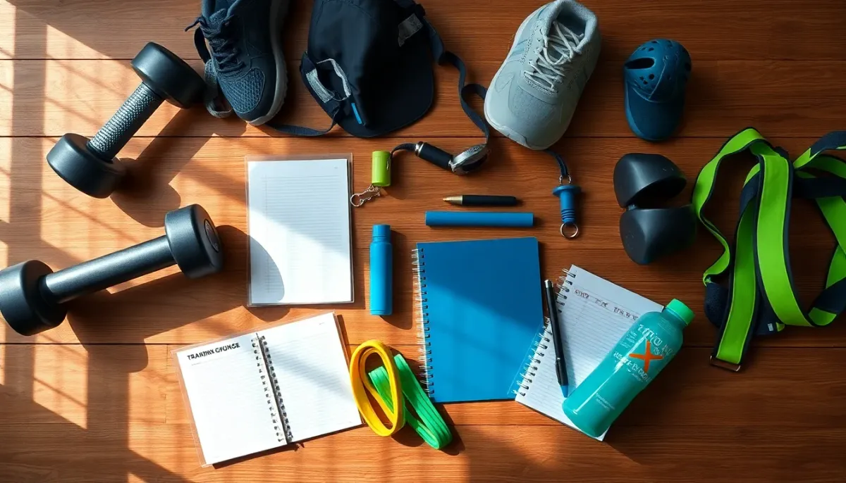 Vue de dessus d'une séance de musculation organisée avec équipement d'entraînement et accessoires