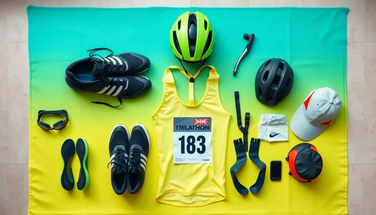 Disposition organisée du matériel de transition en triathlon vue de dessus sur une serviette colorée