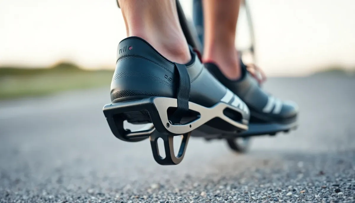 Gros plan sur une chaussure de vélo clipsée avec élastique pour gain de temps en transition