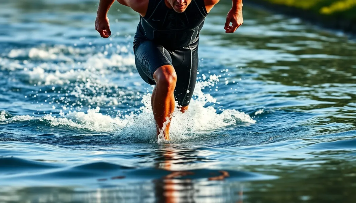 Athlète sortant de l'eau en T1 montrant le passage de la natation au vélo en triathlon